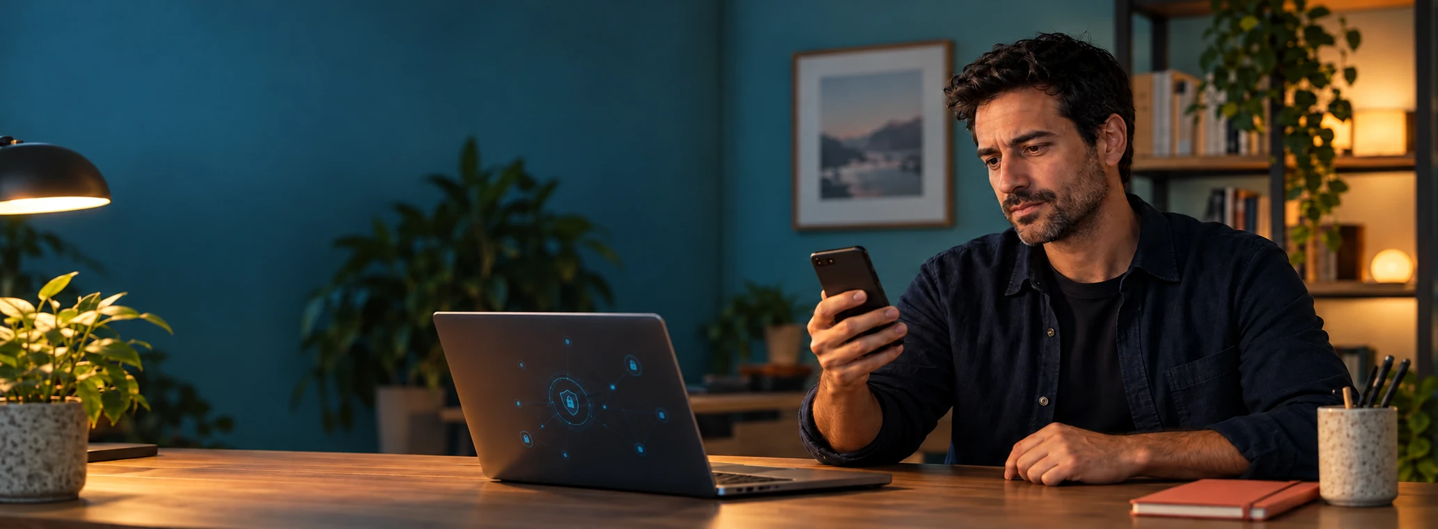 Ein Mann prüft eine Nachricht am Smartphone, neben ihm ein IT-Arbeitsplatz. KI-generiertes Symbolfoto.
